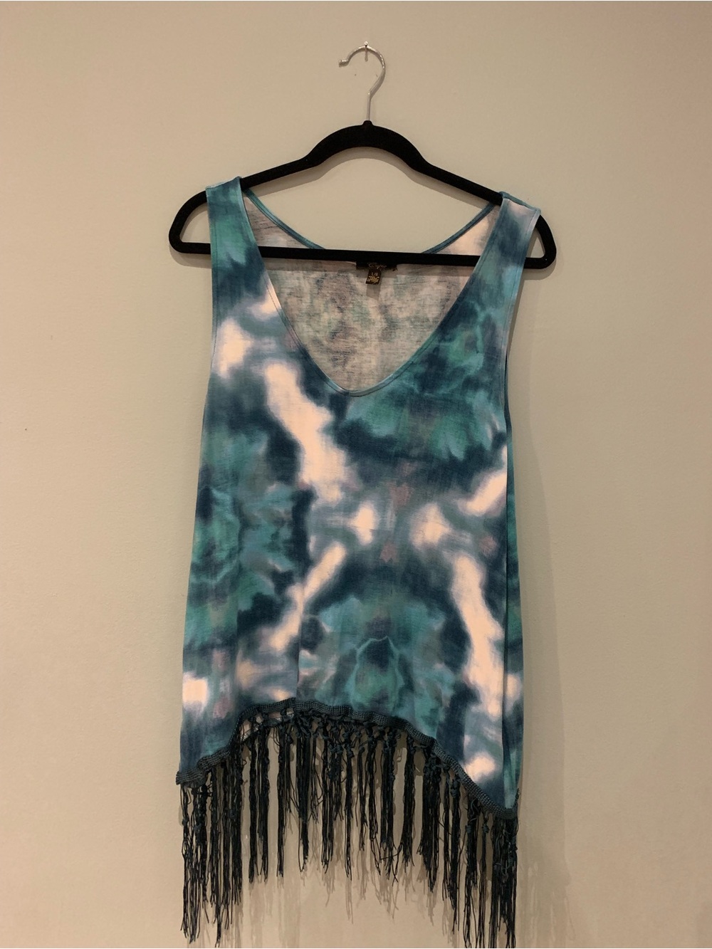 Cupio Teal and White Tie-Dye Fringe Tank